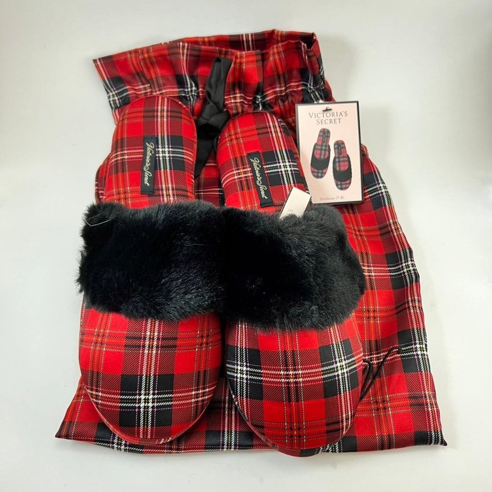 NWT Victorias Secret Red Plaid Satin Slippers Size M